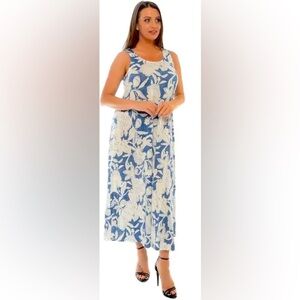Shoreline Blue & White Hawaiian Floral Puff Print Stretch Maxi Tank Dress L